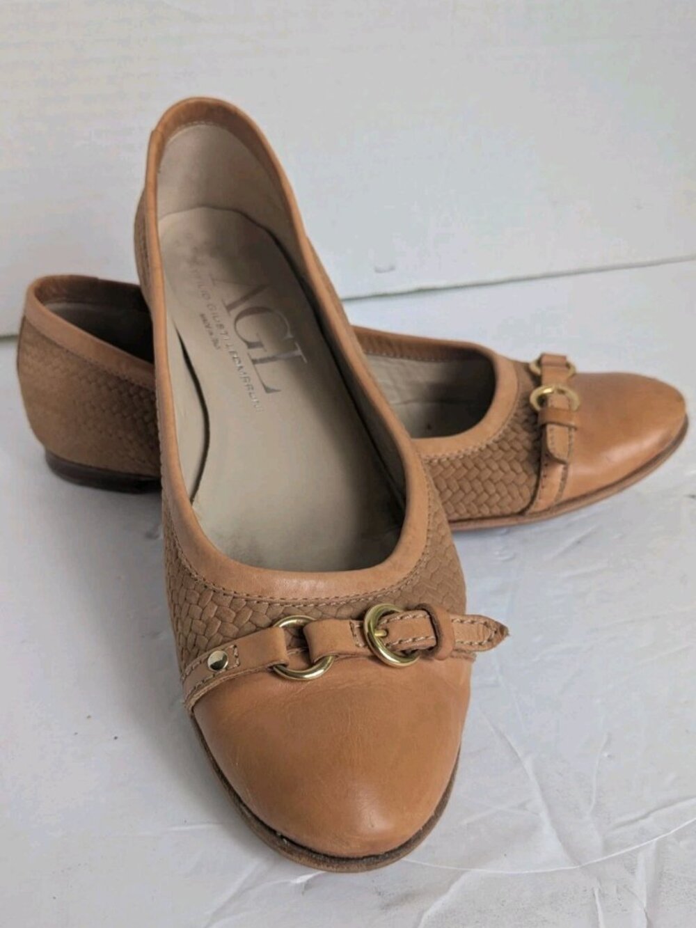 AGL Attilio Giusti Leombruni Woven Leather Ballet Flats Sz 39.5 US 9.5 Italy Tan